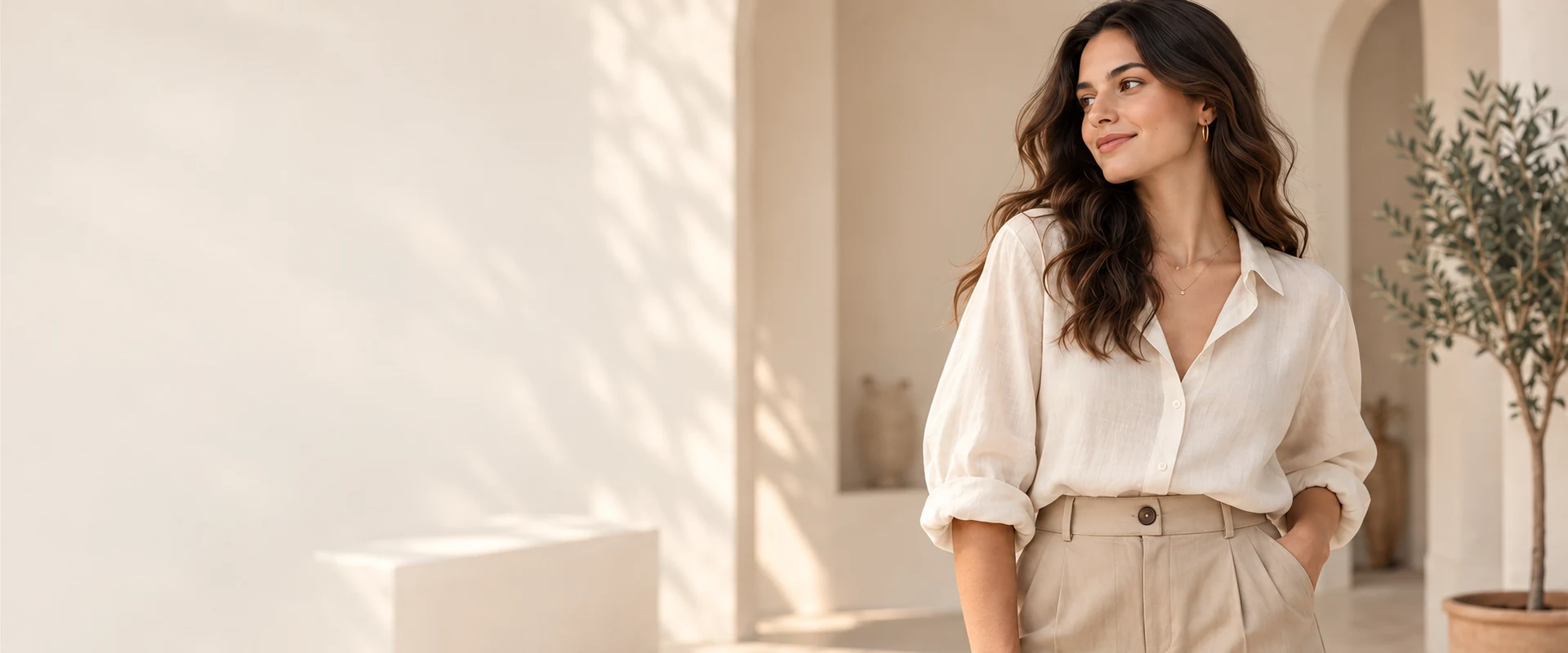 Mujer con blusa marfil y pantalón beige en un ambiente cálido, fotografía ilustrativa